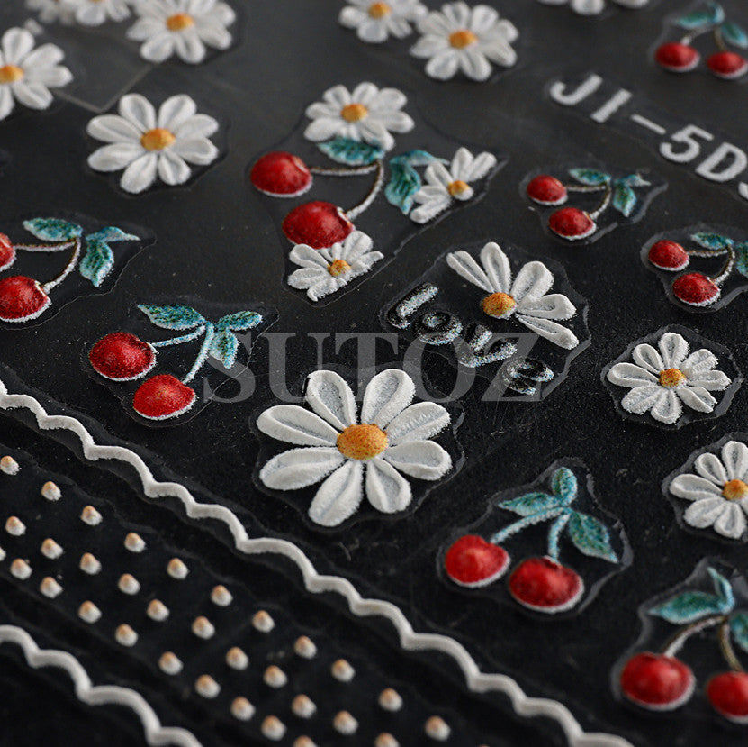 White Red Daisy Flower Cherry Nail Stickers for Manicure - Embossed Decals
