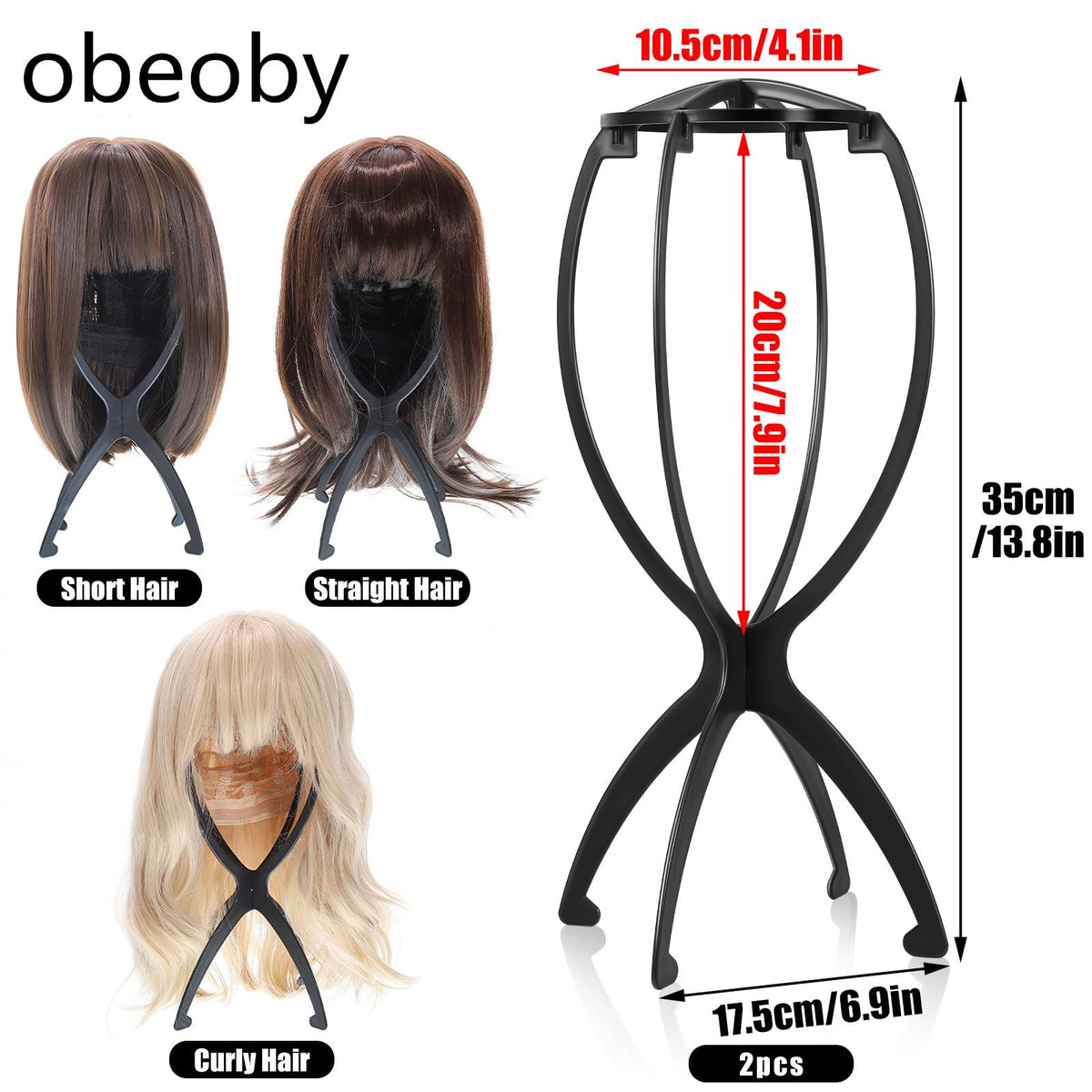 Portable Folding Wig Stand Pack of 2 - Black, Adjustable & Lightweight