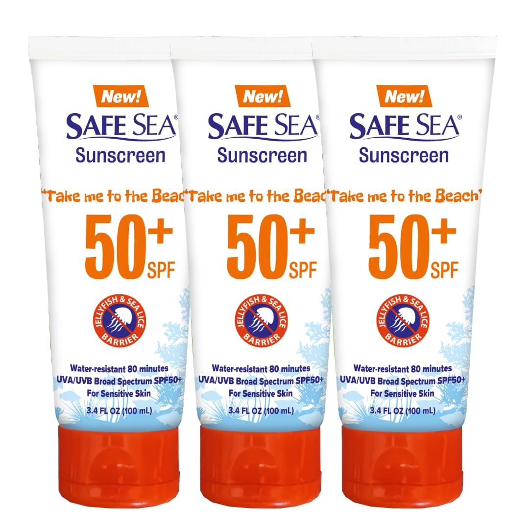 Anti-Jellyfish Sting Sunscreen Lotion SPF 50 - Reef Safe Water-Resistant 3.4 oz 3 Pack