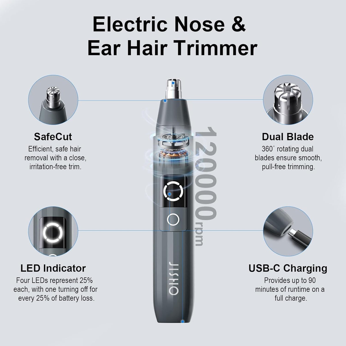 Wireless Waterproof Ear and Nose Hair Trimmer with LED Display and USB Charging