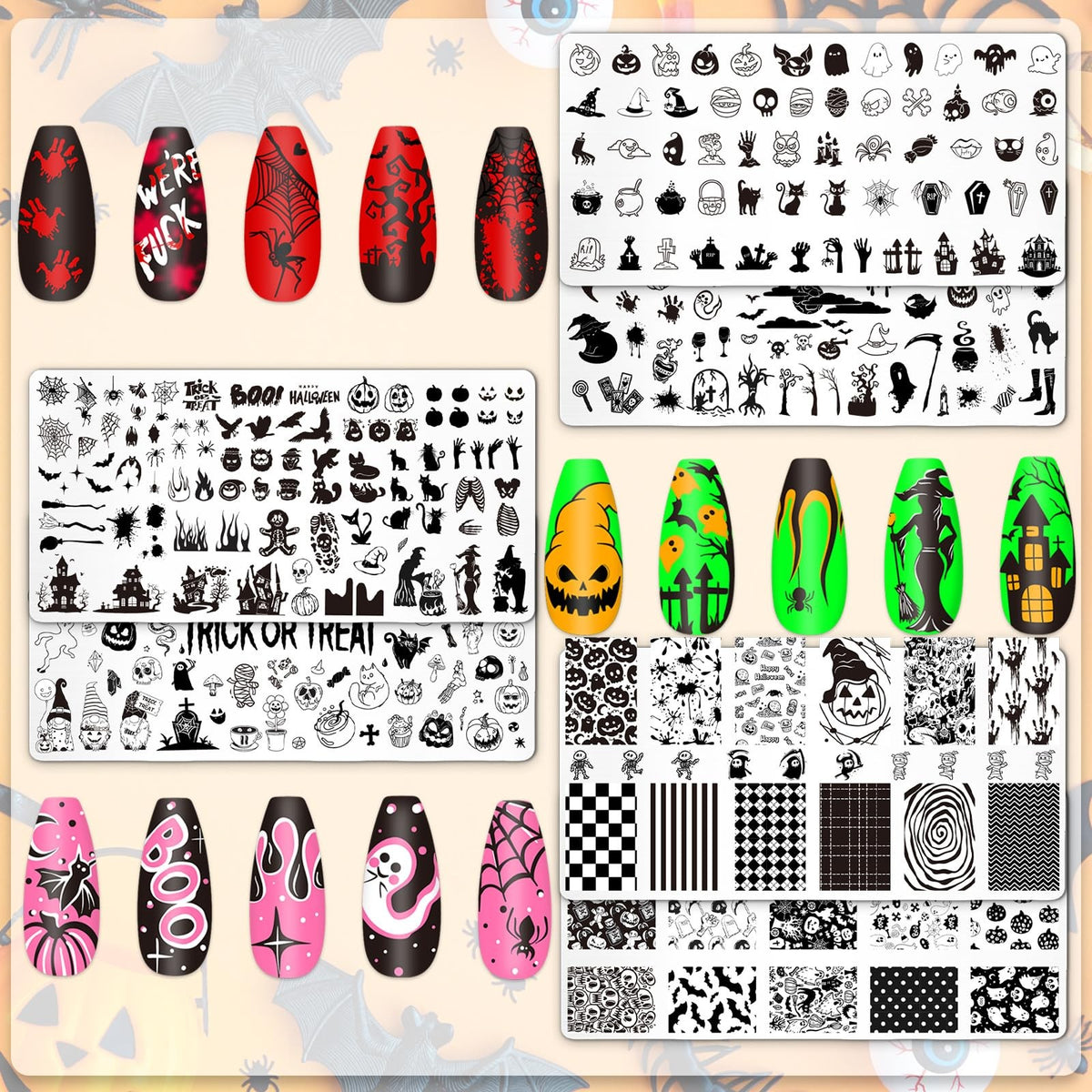 Halloween Nail Stamping Plates Set - Pumpkin Ghost Bat Witch Templates