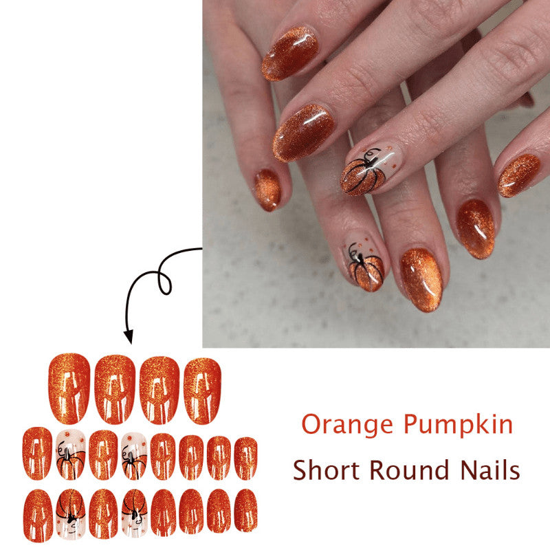 72Pcs Short Almond Fake Nails with Halloween Pumpkin Orange Glitter