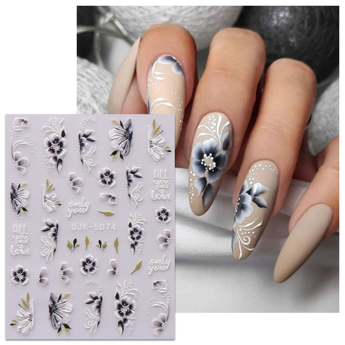 Spring Flower Nail Art Stickers Set - 6 Sheets Self-Adhesive 3D Embossed Decals