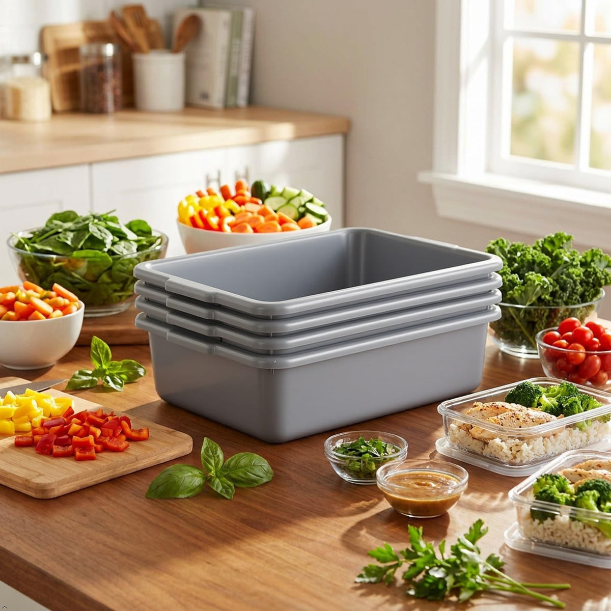8L Plastic Bus Tubs 4-Pack with Side Handles - Commercial Storage Containers