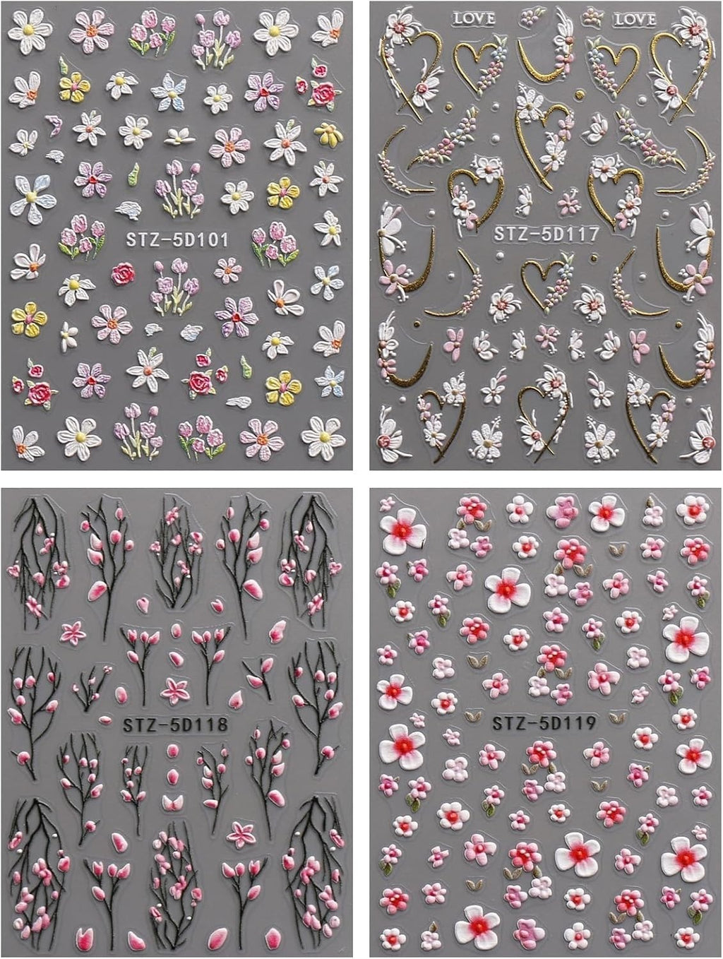 3D Embossed Flower Nail Art Stickers - Self-Adhesive Colorful Decals