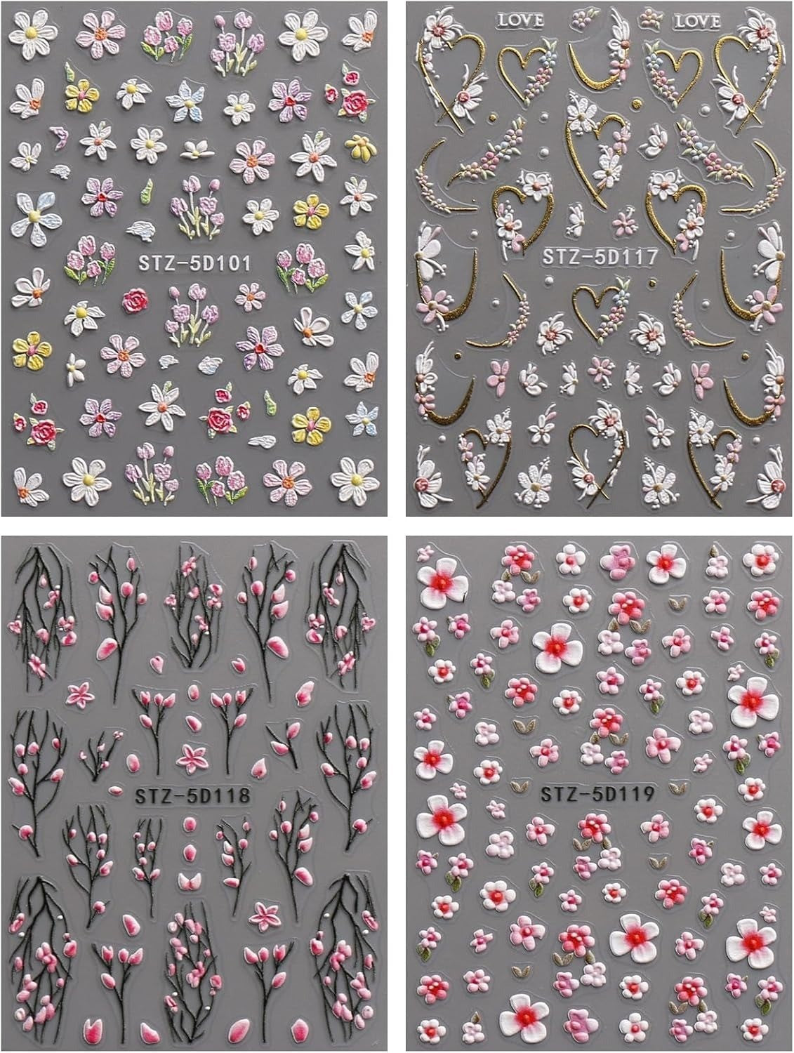 3D Embossed Flower Nail Art Stickers - Self-Adhesive Colorful Decals