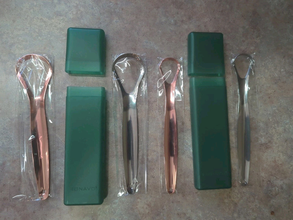 Dental Tongue Scraper Set - Copper & Silver, Travel Case, 4 Pack