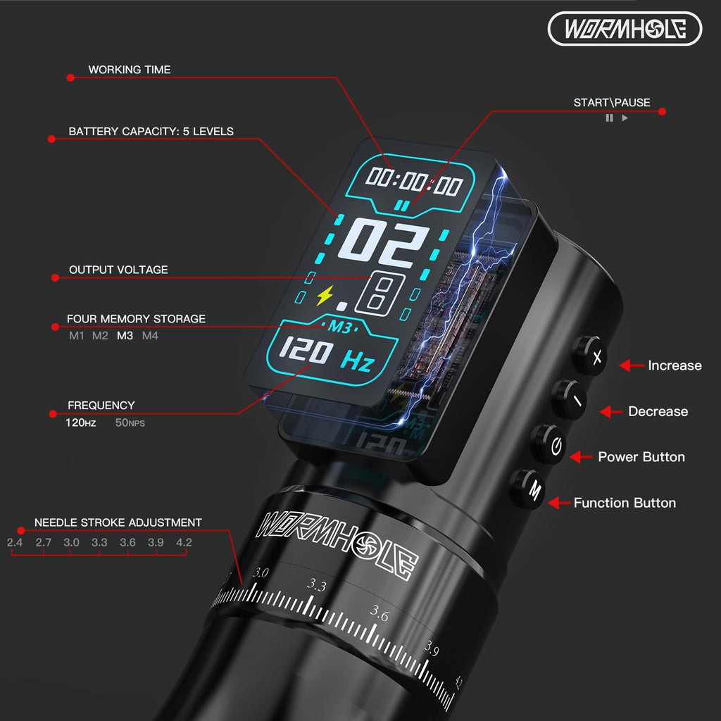 Tattoo Pen Machine Kit with 2300mAh Batteries, 7 Adjustable Stroke, Wireless