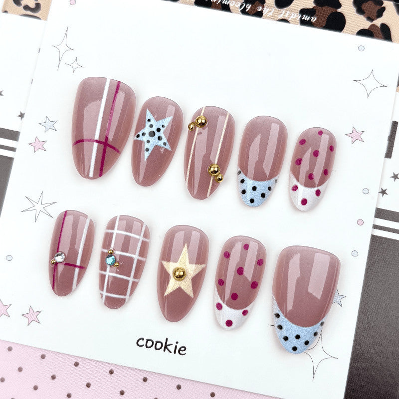 Press On Nails Set for Nail Art - 60 Pink White Grid Rhinestones Glossy Almond Shape