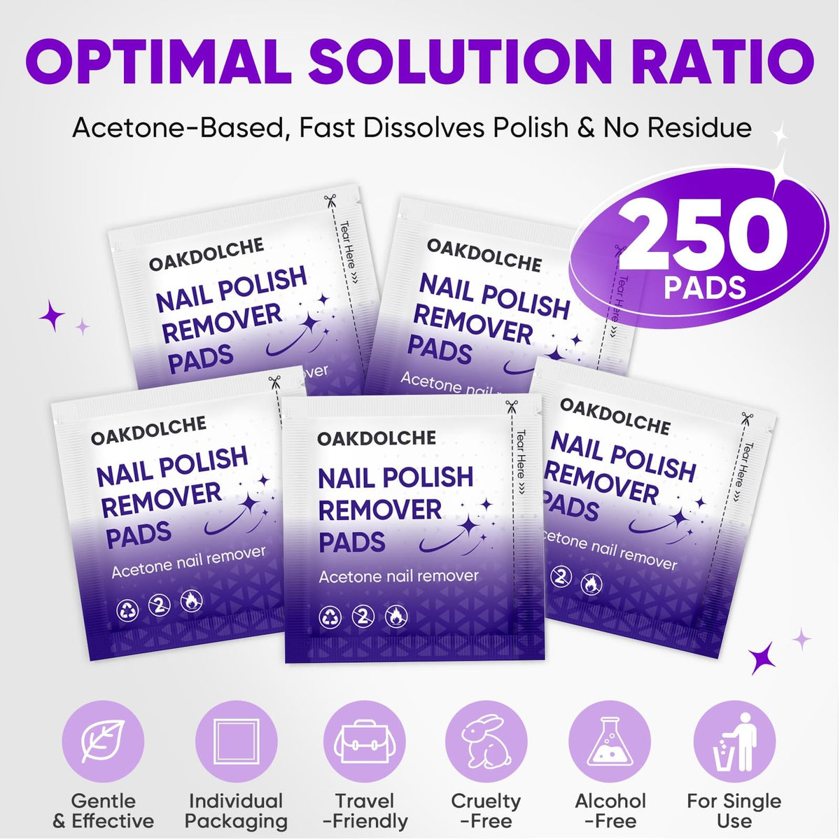 Bulk Acetone Nail Polish Remover Pads - Travel-Friendly, Quick & Effective, 250 Pack