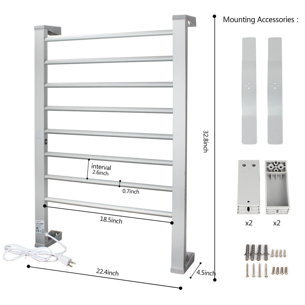 Electric Towel Warmer 8-Bar Aluminum Floor & Wall Mount with Timer