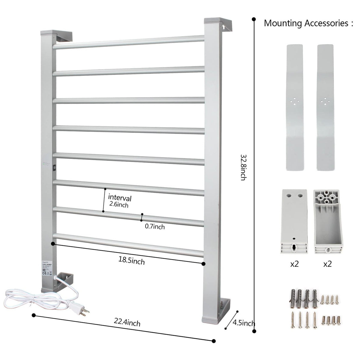 Electric Towel Warmer 8-Bar Aluminum Floor & Wall Mount with Timer