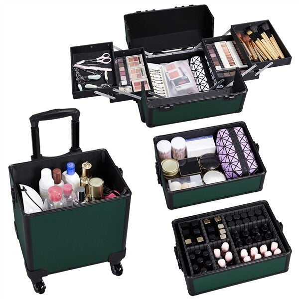 Aluminum 4-in-1 Professional Trolley Makeup Train Case Dark Green