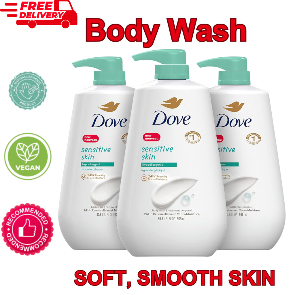 Dove Sensitive Skin Body Wash Pack - Hypoallergenic & Paraben-Free, 3 x 30.6 oz