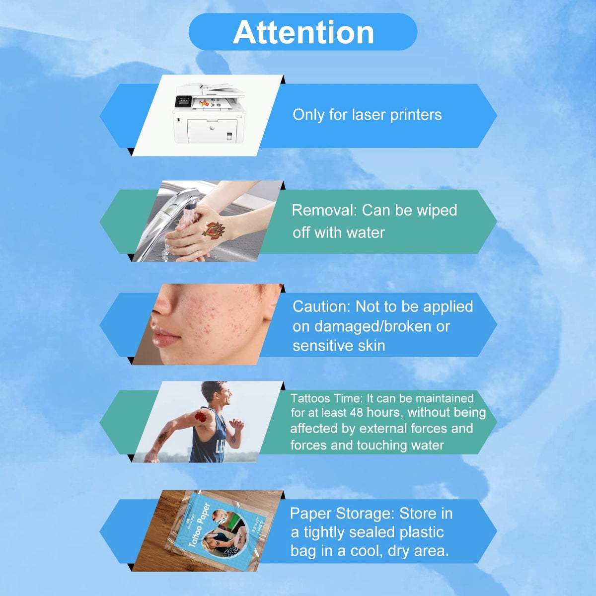Printable Temporary Tattoo Paper for Laser Printers, 8.5 x 11 in, White - 5 Sets
