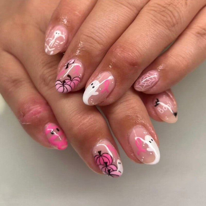 48Pcs Long Almond Pink Ribbon Ghost Pumpkin Spider Web Halloween Press-On Nails