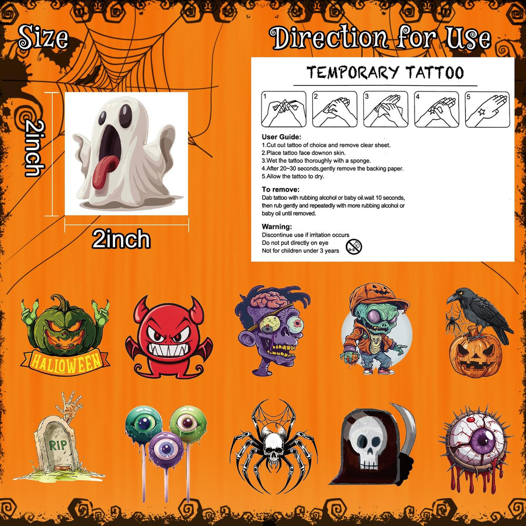 Halloween Temporary Tattoos Set – 100 Large 2x2in Multicolor Sheets
