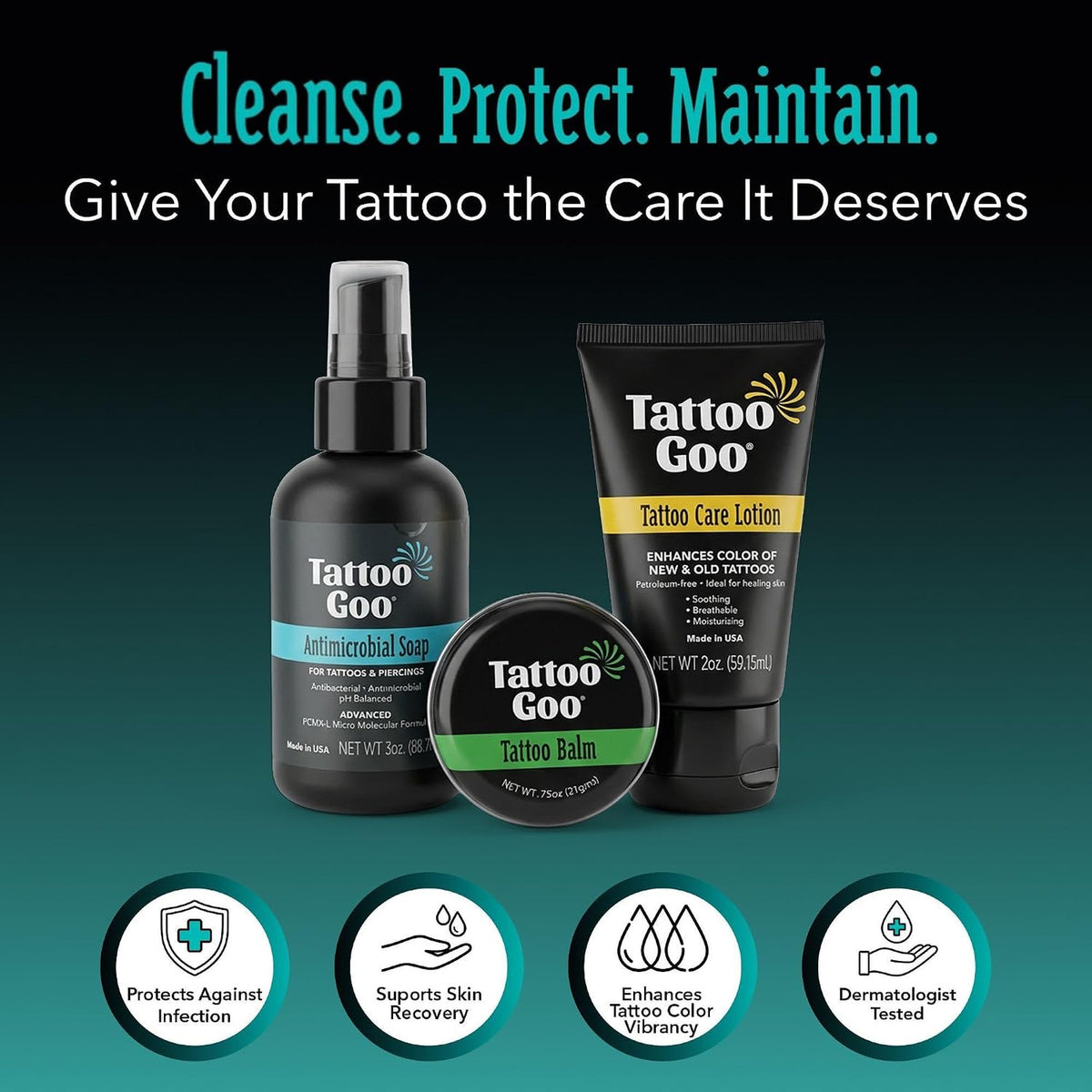 Tattoo Aftercare Kit - 3-Piece Set with Antimicrobial Soap, Balm & Lotion