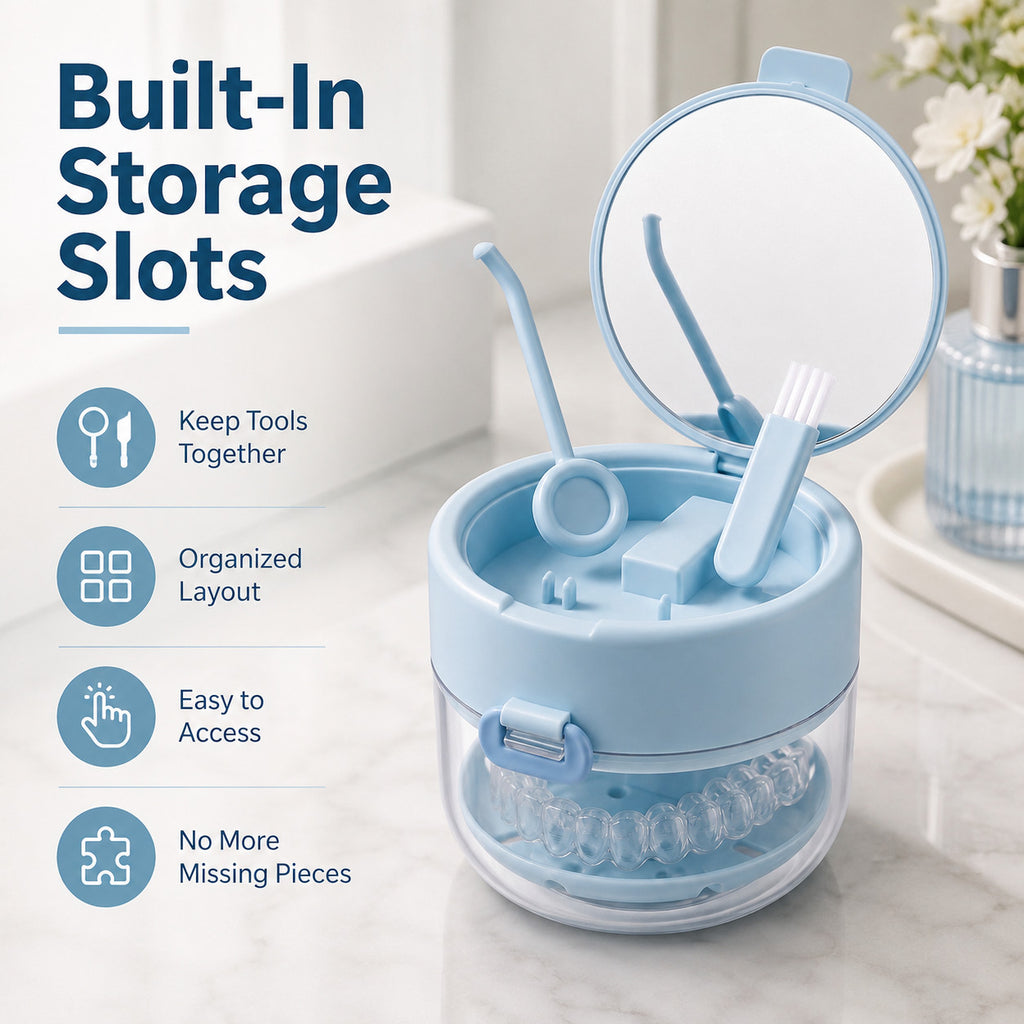 3-in-1 Denture Cleaner Case with Mirror & Cleaning Tools - Portable Leak-Proof Storage