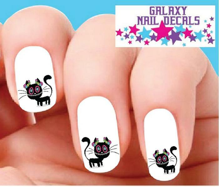 Waterslide Nail Decals Set of 20 Kitty Flowers Sugar Skull Day of the Dead