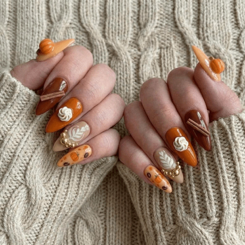 Fall Fake Nails Set with Gold Beads - Handmade Press-On Nails for Short and Long Styles