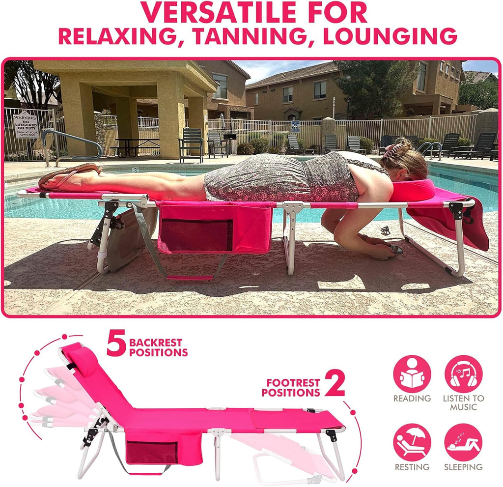 Outdoor Folding Sun Lounger with Canopy and Face Hole - Heavy Duty Pink
