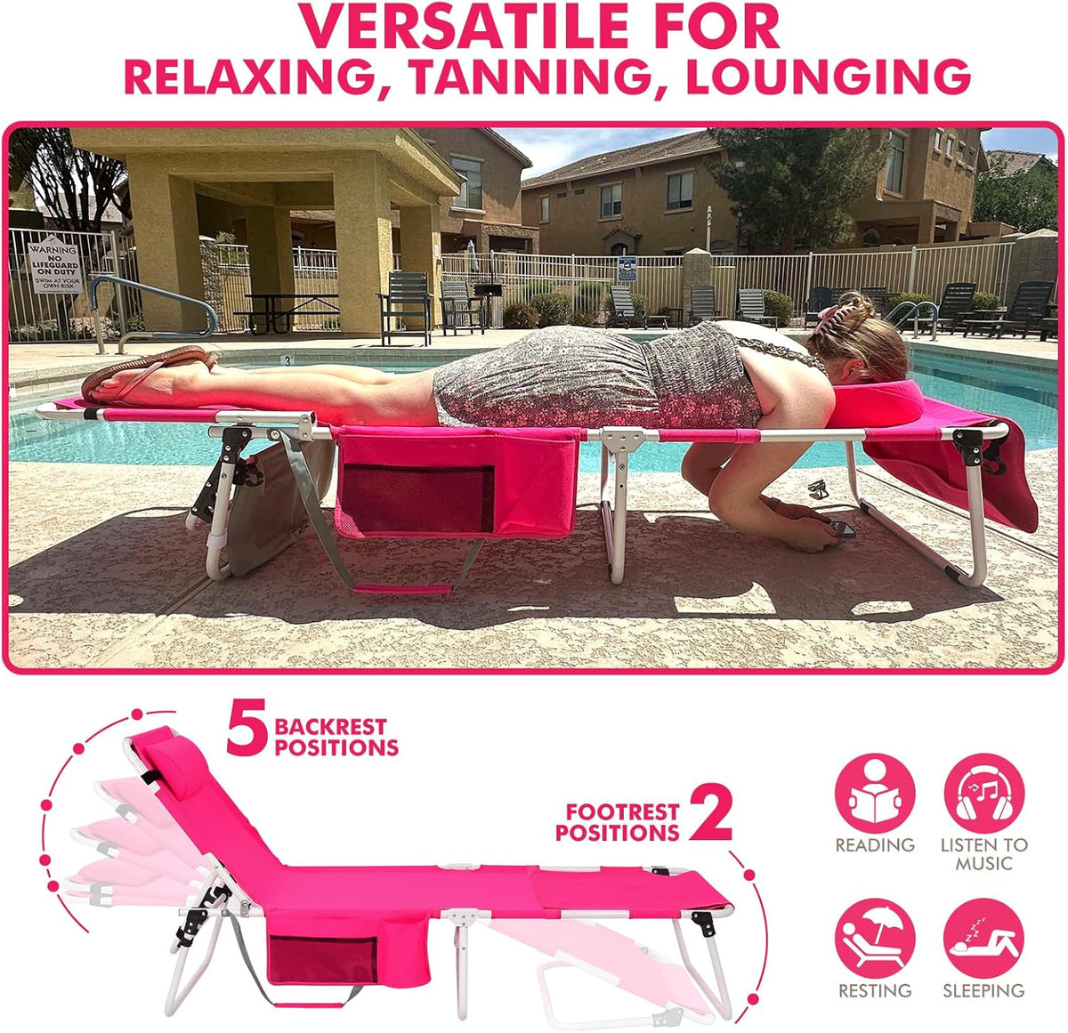 Outdoor Folding Sun Lounger with Canopy and Face Hole - Heavy Duty Pink