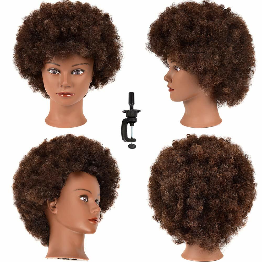 Human Hair Mannequin Head for Hair Styling Training Afro Curl Brown