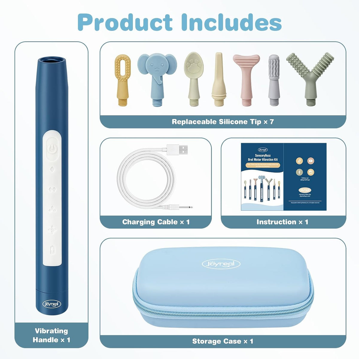 Oral Motor Vibration Therapy Kit with 7 Textured Silicone Heads & Rechargeable Handle