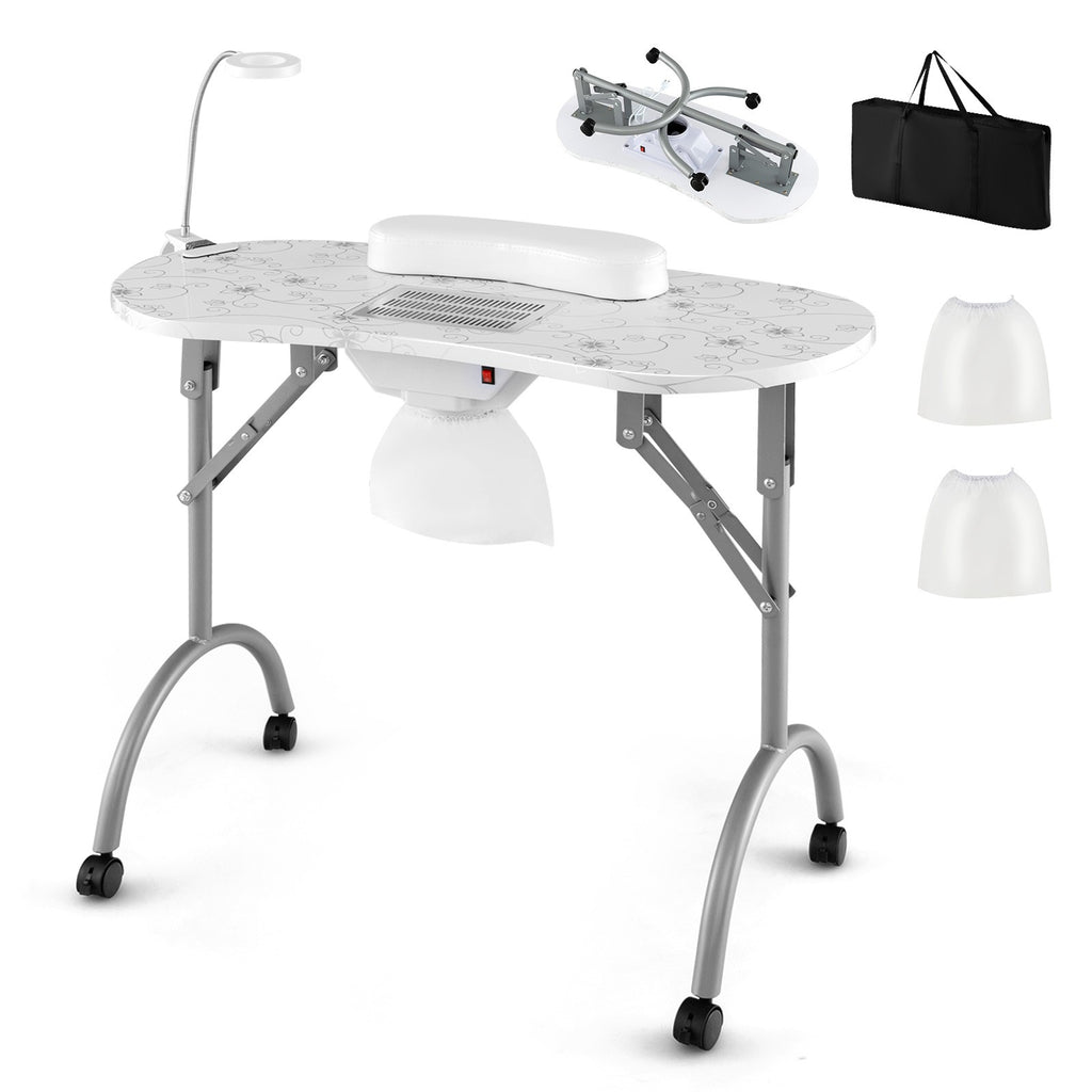 Folding Manicure Nail Table with Wheels, Electric Dust Collector & LED Lamp