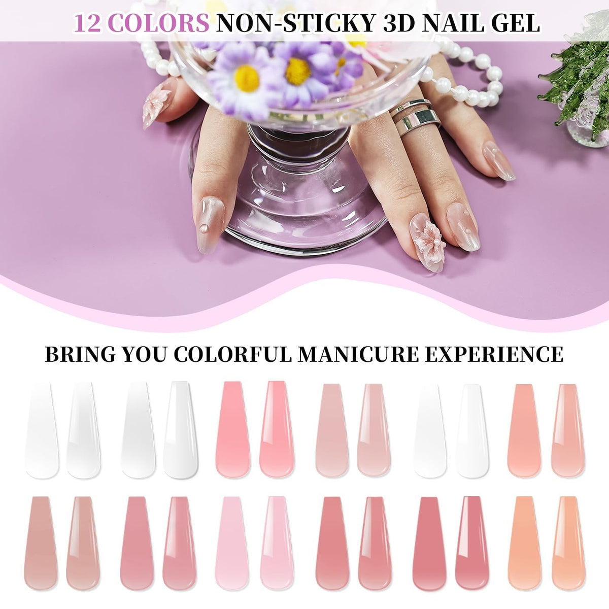Non-Sticky Builder Gel Nail Art Kit with UV Lamp - 12 Colors for Perfect Manicures