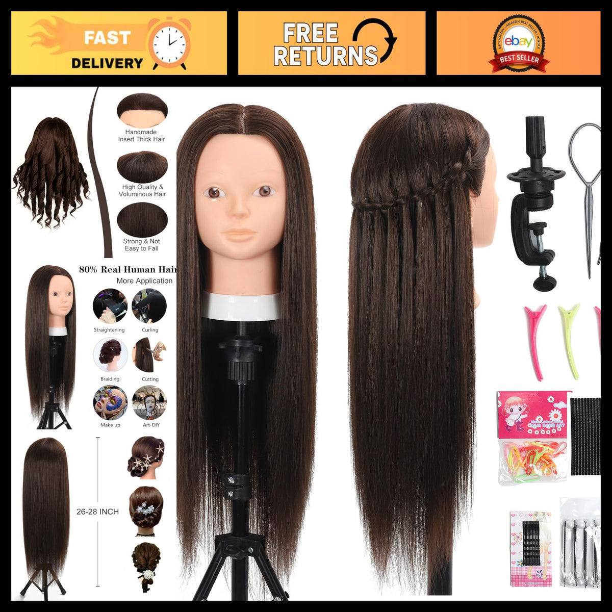 26-Inch Mannequin Head with 80% Human Hair for Hair & Makeup Practice