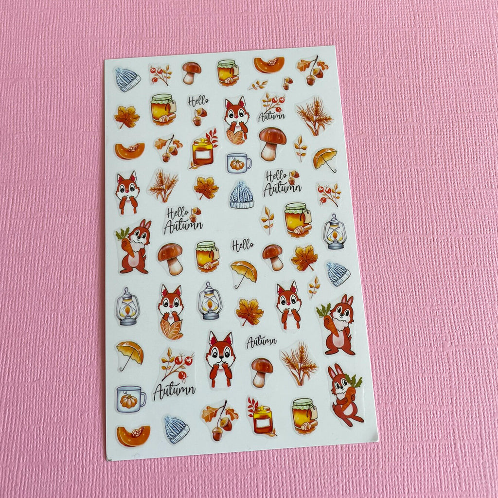 Autumn Leaf Nail Stickers Set - Mushroom Pumpkin Fruit Rabbit Bear Fox Owl Deer Decals