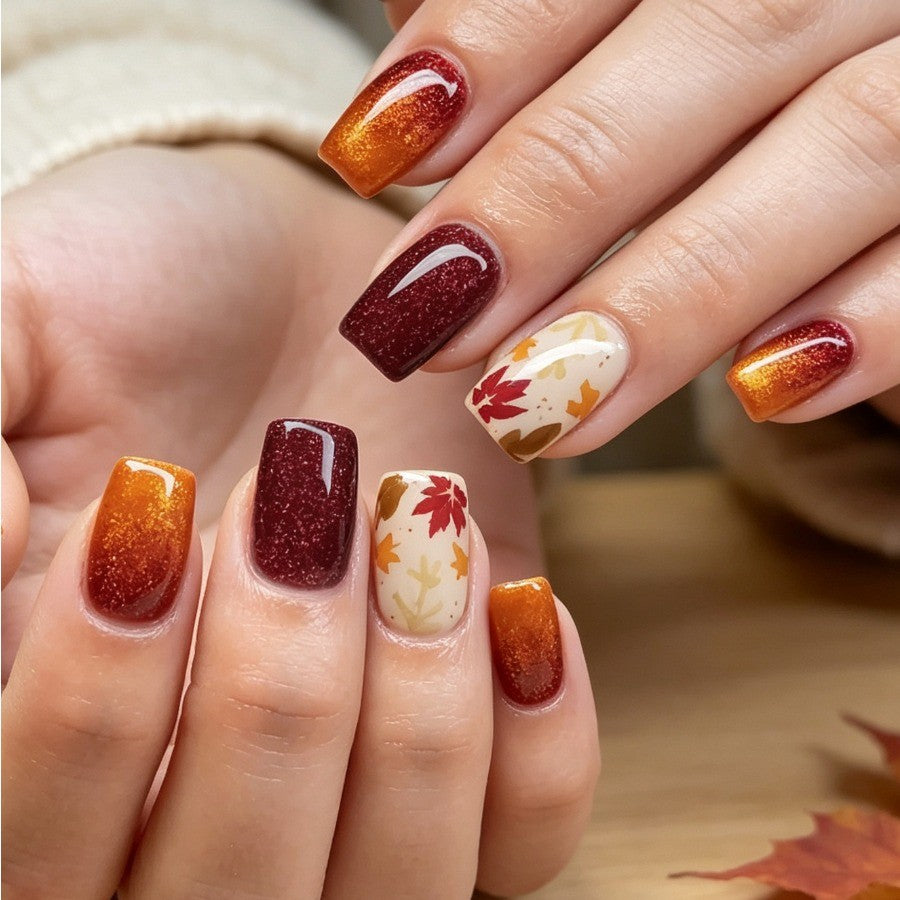 Autumn Maple Leaf Glitter Short Square Press-On Nails 48Pcs - Fall Nail Art