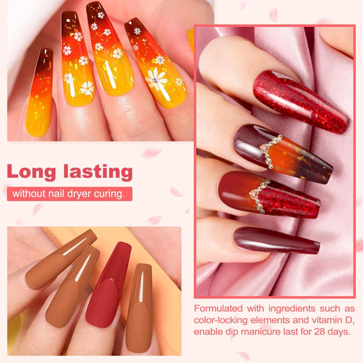 Dip Powder Nail Kit with 6 Colors, No UV Lamp, Long-Lasting and Safe for Natural Nails