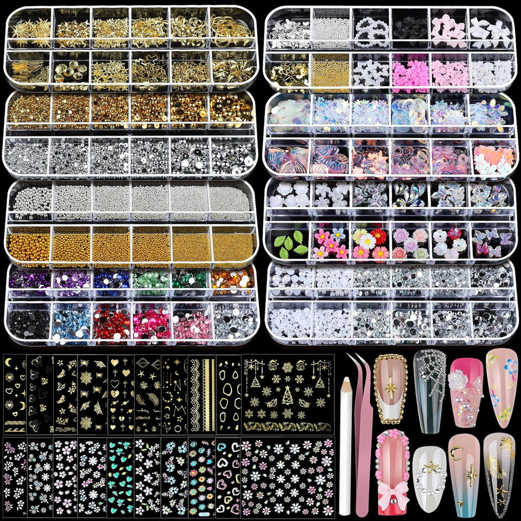 Nail Charms & Stickers Kit with Rhinestones, Pearls, Gold Charms, 20 Sheets