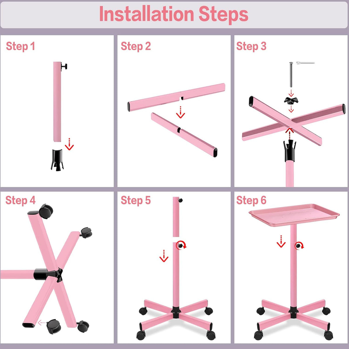 Pink Salon Service Tray on Wheels for Hair Coloring & Tools