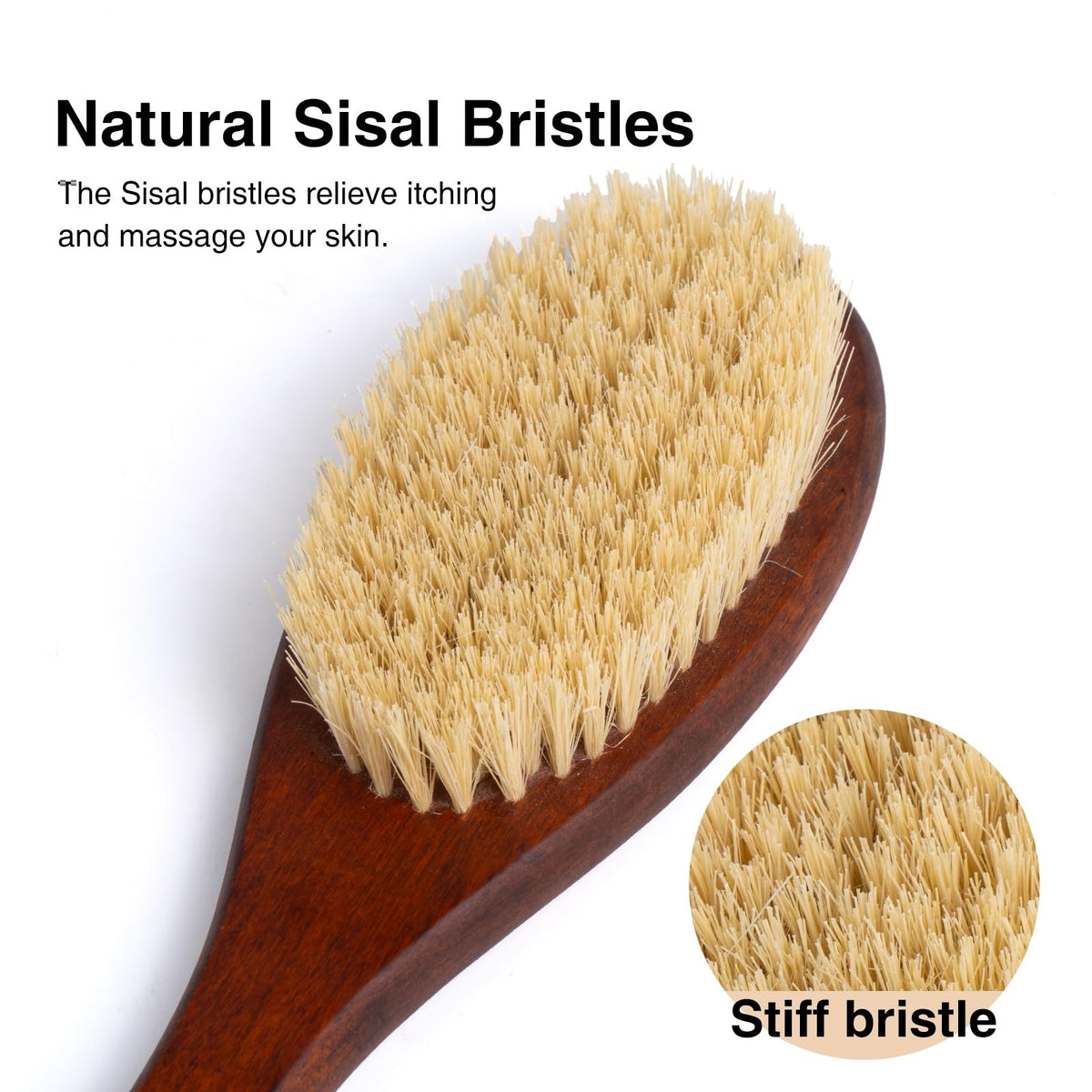 Wooden Bath Brush with Stiff Sisal Bristles Long Handle for Shower Back Scrubber