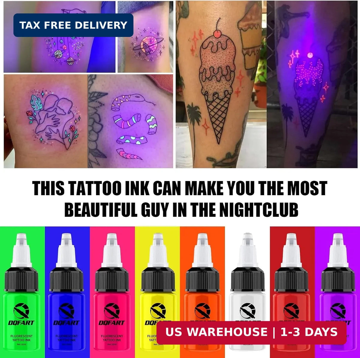 8-Color Fluorescent Tattoo Ink Set 20ml Each UV Body Art Neon Pigment