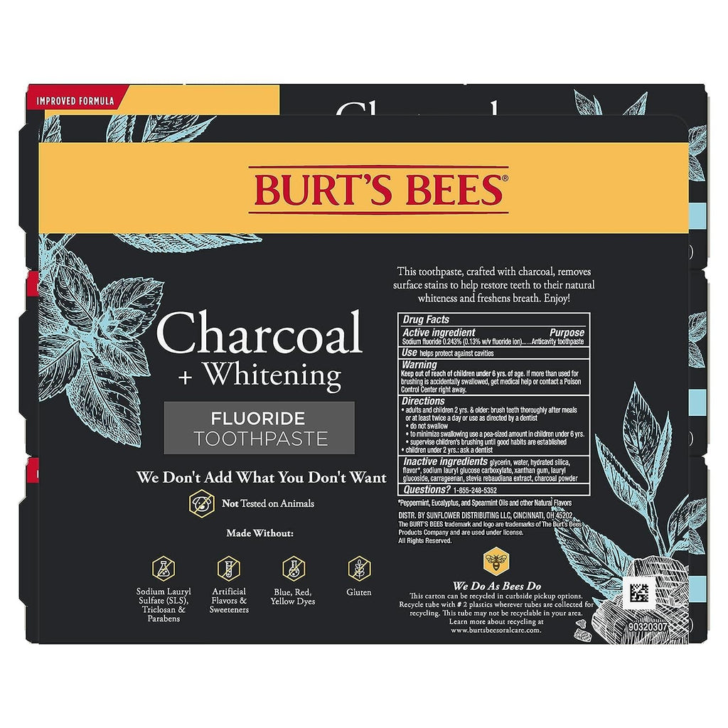 Burt’s Bees Charcoal Whitening Toothpaste Fluoride Mountain Mint 4.7oz 3 Pack