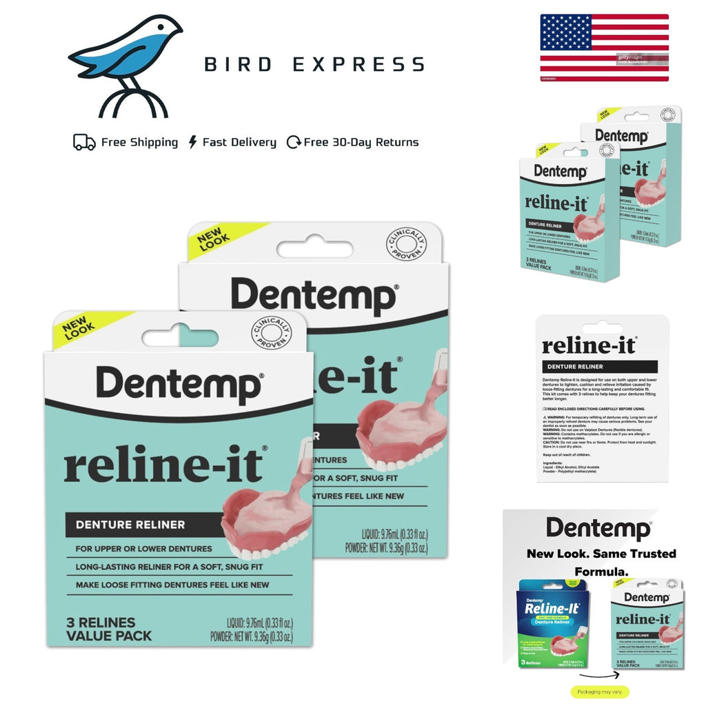 Denture Reline Kit for Upper & Lower Dentures - 2 Pack, 6 Relines, Advanced Formula