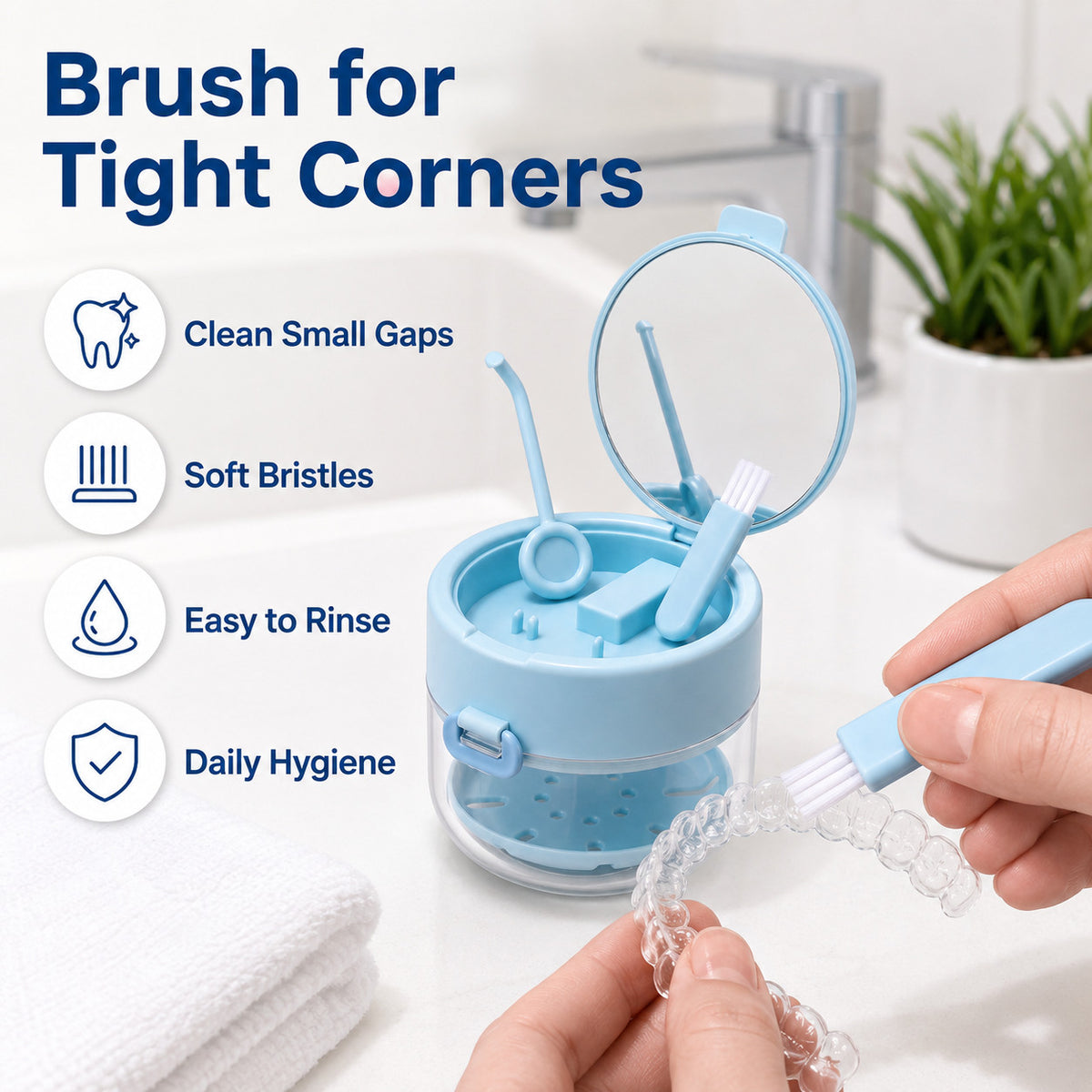 3-in-1 Denture Cleaner Case with Mirror & Cleaning Tools - Portable Leak-Proof Storage