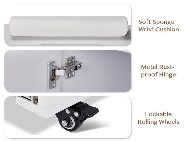 Foldable Manicure Table with Lockable Wheels & Built-in Storage