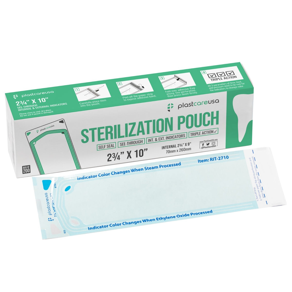 Self-Sealing Sterilization Pouches 2.75 x 10 inches - Paper/Blue Film, Case of 1000