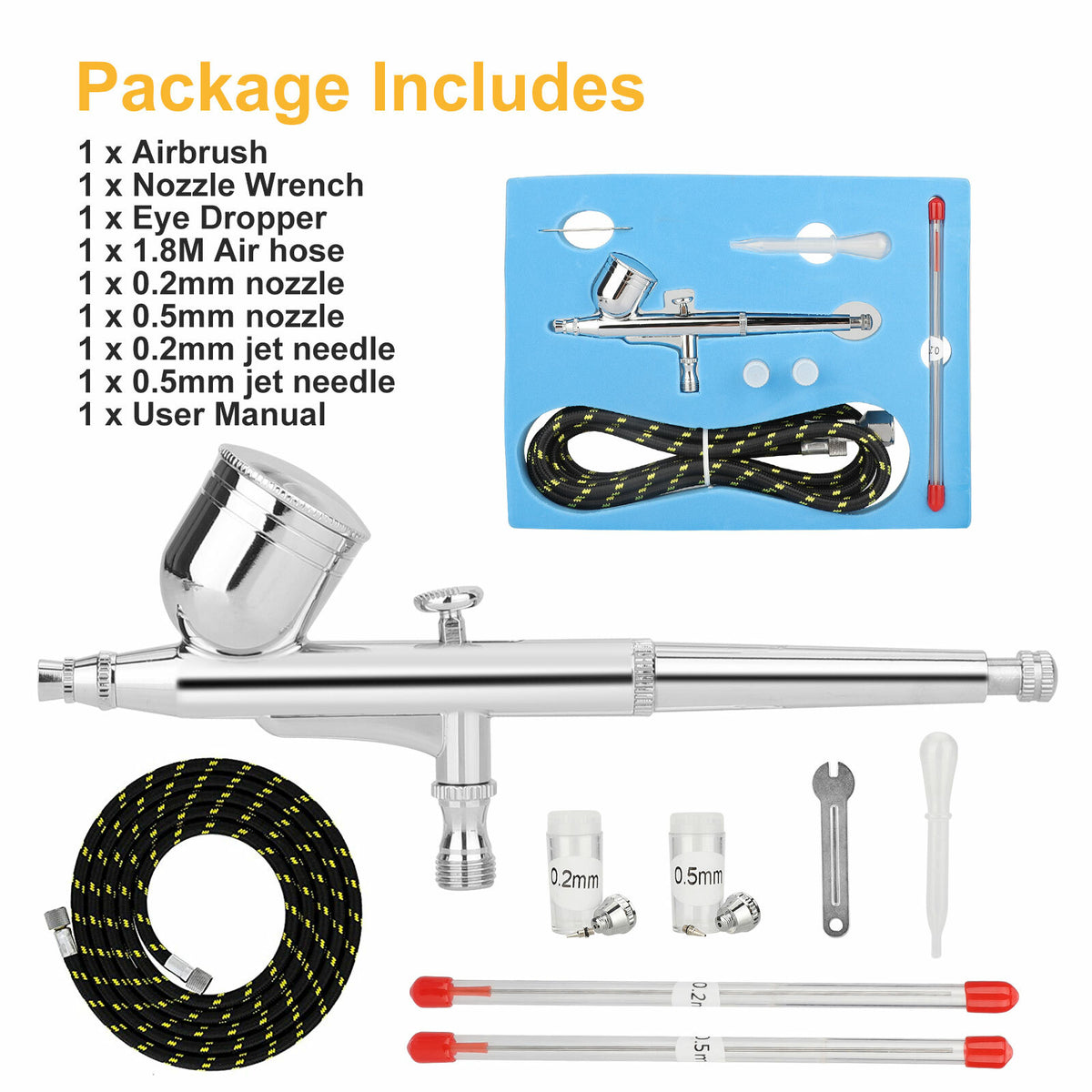 Dual Action Gravity Feed Airbrush Kit with 0.2mm & 0.5mm Nozzles for Art & Crafts