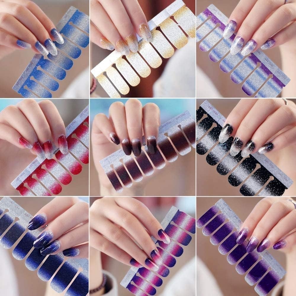 14 Sheets Glitter Gradient Nail Wraps Full Nail Art Stickers Gel Nails