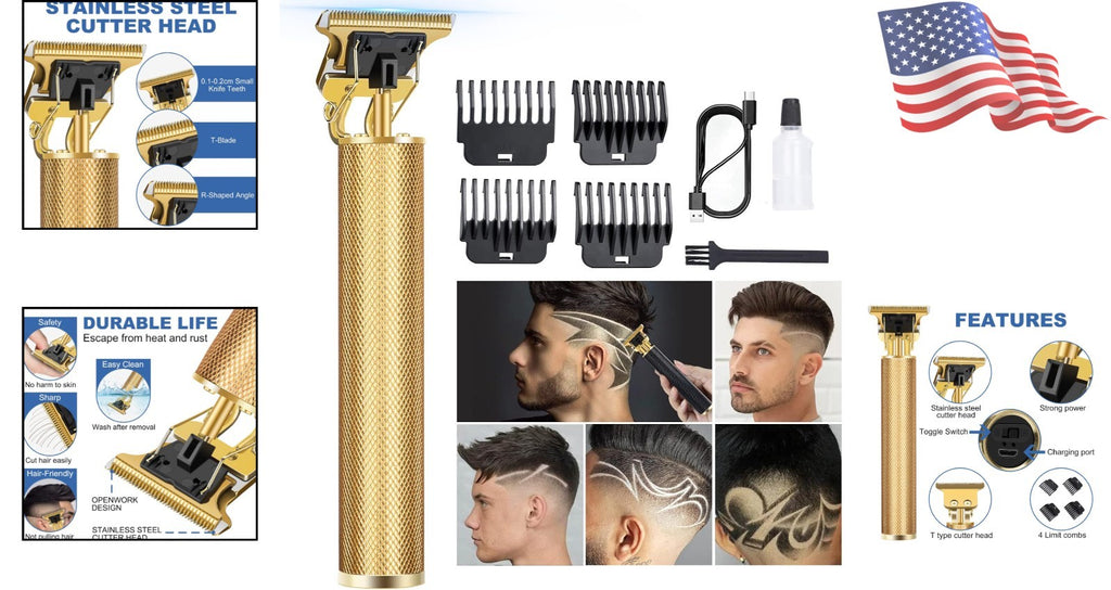 Gold Hair Clipper with Powerful Motor, 4 Guide Combs & Quiet Operation
