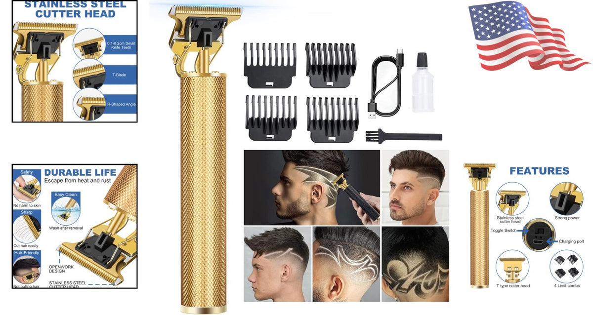 Gold Hair Clipper with Powerful Motor, 4 Guide Combs & Quiet Operation
