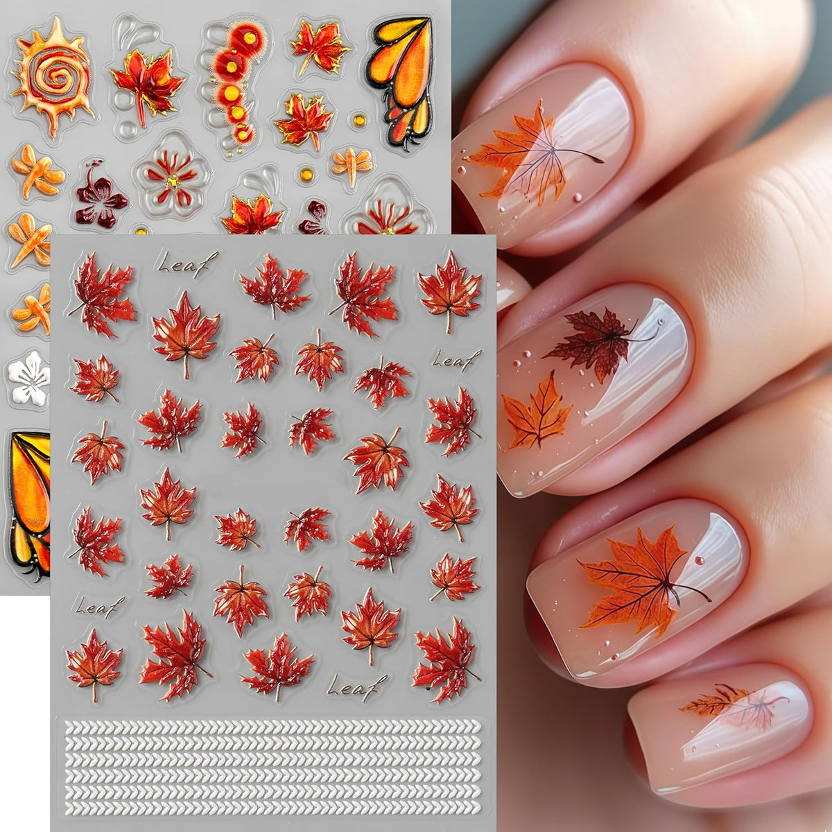 Fall Maple Leaf Nail Stickers - 3 Sheets 5D Self-Adhesive Nail Art Decals