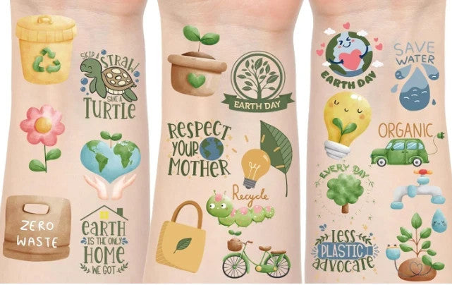 Earth Day Kids Temporary Tattoos Set – 630 Tattoos on 18 Sheets, 70 Designs